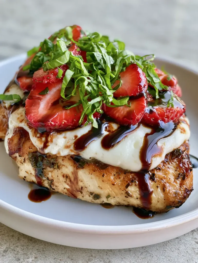 Overhead view of Strawberry Basil Chicken on a shallow white plate with mahogany balsamic glaze zig-zagged across the strawberries.