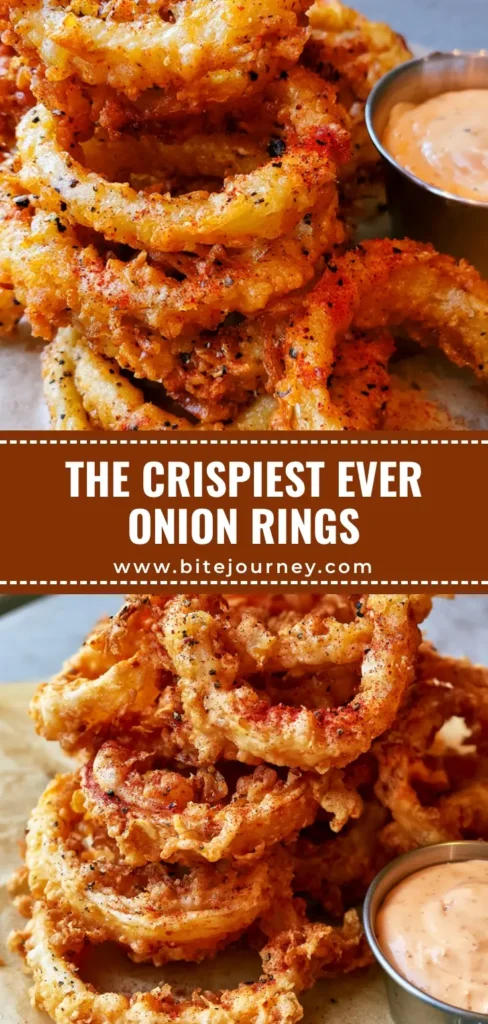 A stack of thick-cut, golden-brown Homemade Onion Rings on brown parchment paper with a creamy orange sauce.