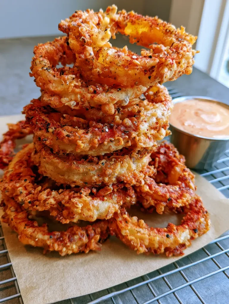 Home 8 Close up of craggy, textured batter on Homemade Onion Rings with visible black pepper specks.