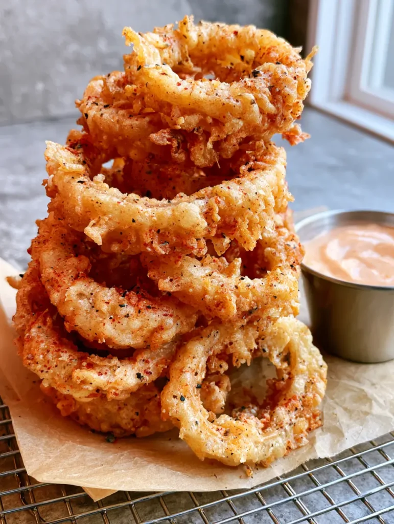 A pile of Homemade Onion Rings sitting on a wire cooling rack over brown parchment paper.