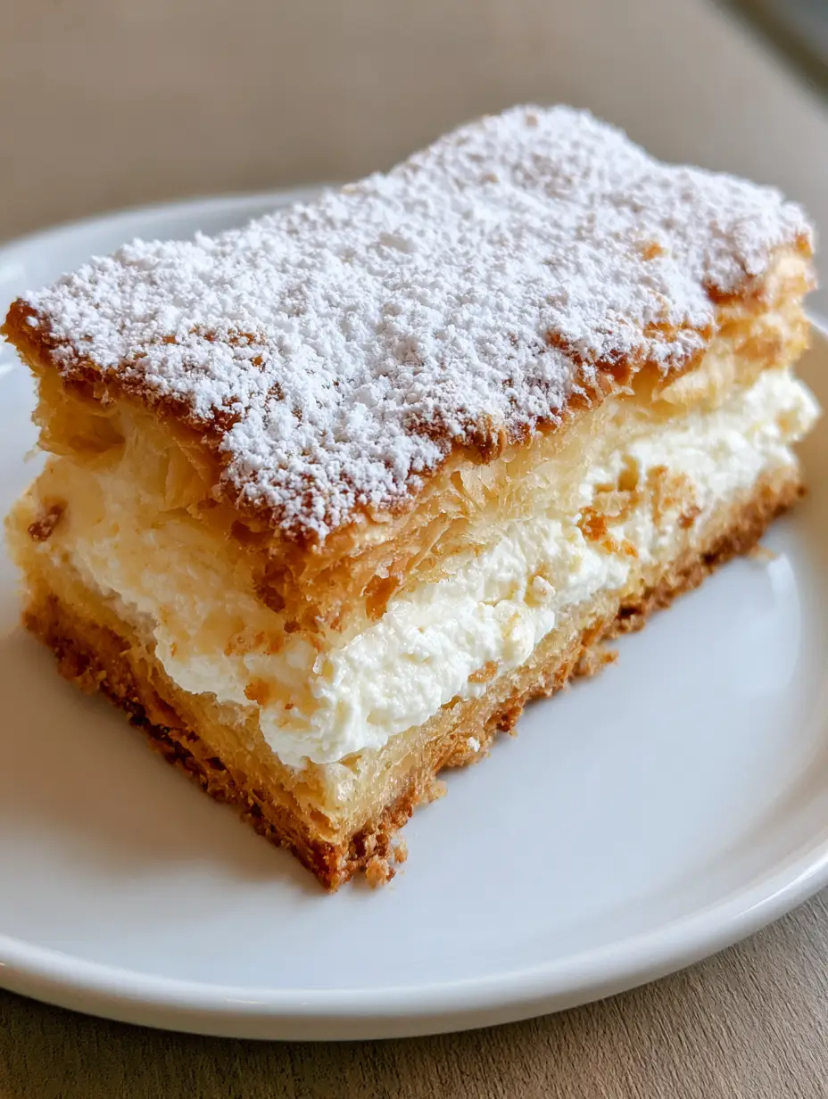 Close-up shot of a Ricotta Cannoli Square on a white plate with a thick center layer of creamy white ricotta filling. (Ricotta Cannoli Squares)