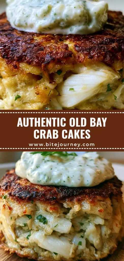 Old Bay Crab Cakes with Jumbo Lump Crab and Creamy Herb Sauce 3 A thick, pan-seared Old Bay crab cake with a dark golden-brown crust and a dollop of white herb sauce on a wooden board.