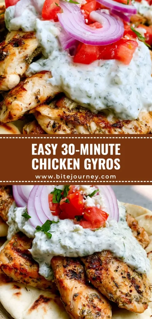 A handheld Greek Chicken Gyro wrapped in a charred pita with succulent chicken, creamy tzatziki, and red onions on a wooden board. (Greek Chicken Gyros)