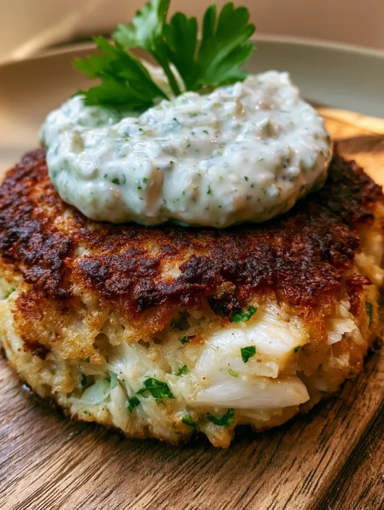 Close up of an Old Bay crab cake showing large flakes of white lump crab meat and green parsley specks.