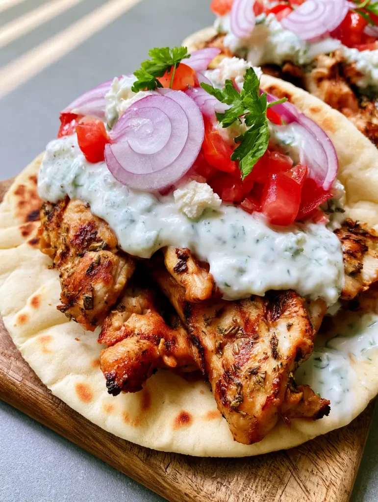 Close up of grilled herb-seasoned chicken strips inside a soft toasted pita with white tzatziki sauce. (Greek Chicken Gyros)