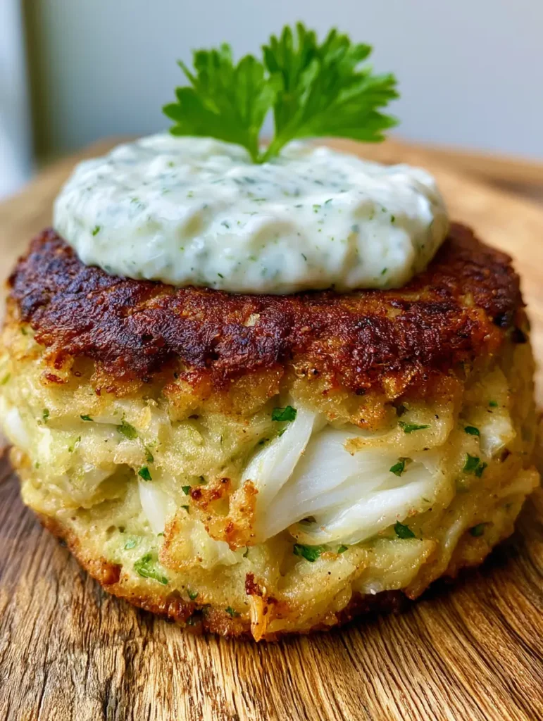 Old Bay Crab Cakes with Jumbo Lump Crab and Creamy Herb Sauce 1 Seared Old Bay crab cake on a rustic wooden board with a thick creamy white tartar sauce and fresh parsley garnish.