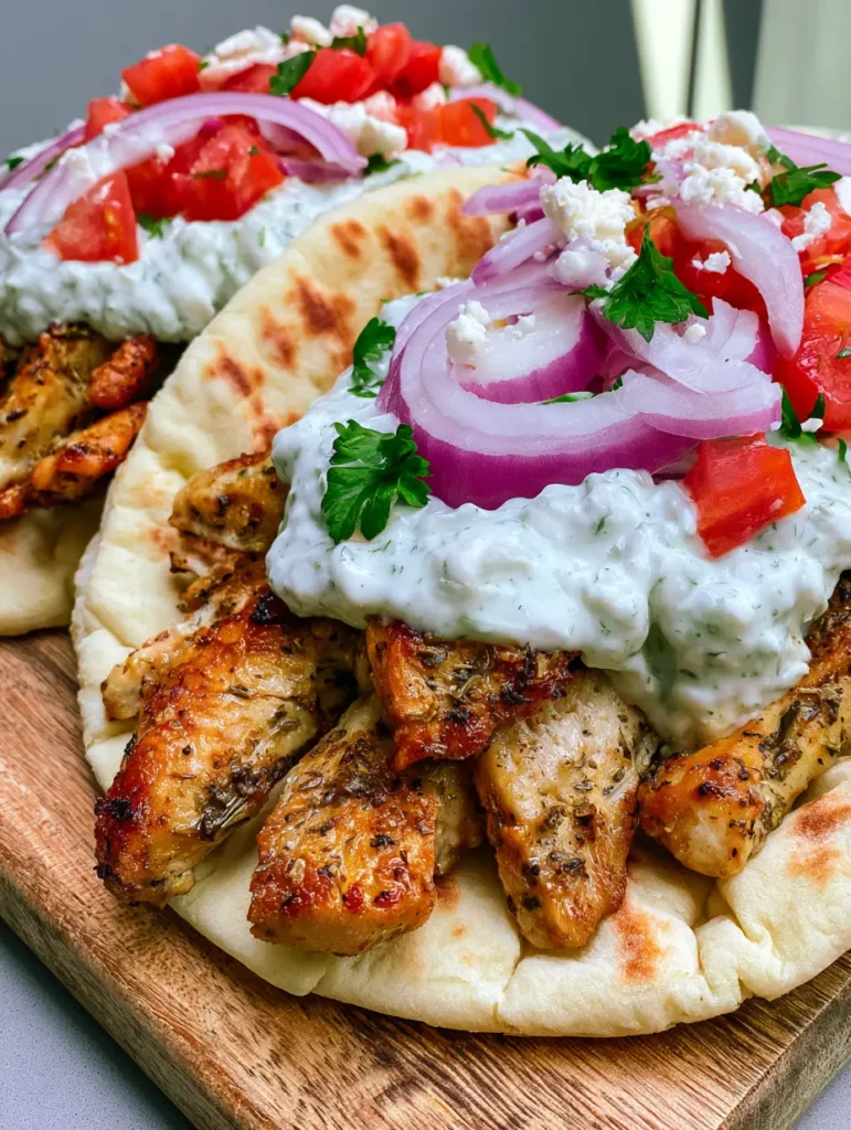 Two Greek Chicken Gyros arranged on a rustic wooden board showing red onions, tomatoes, and feta toppings.