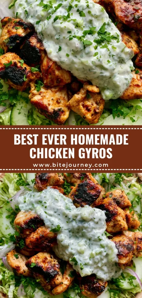 A close-up of open-faced Greek Chicken Gyros on toasted pita with charred chicken chunks and creamy tzatziki sauce.