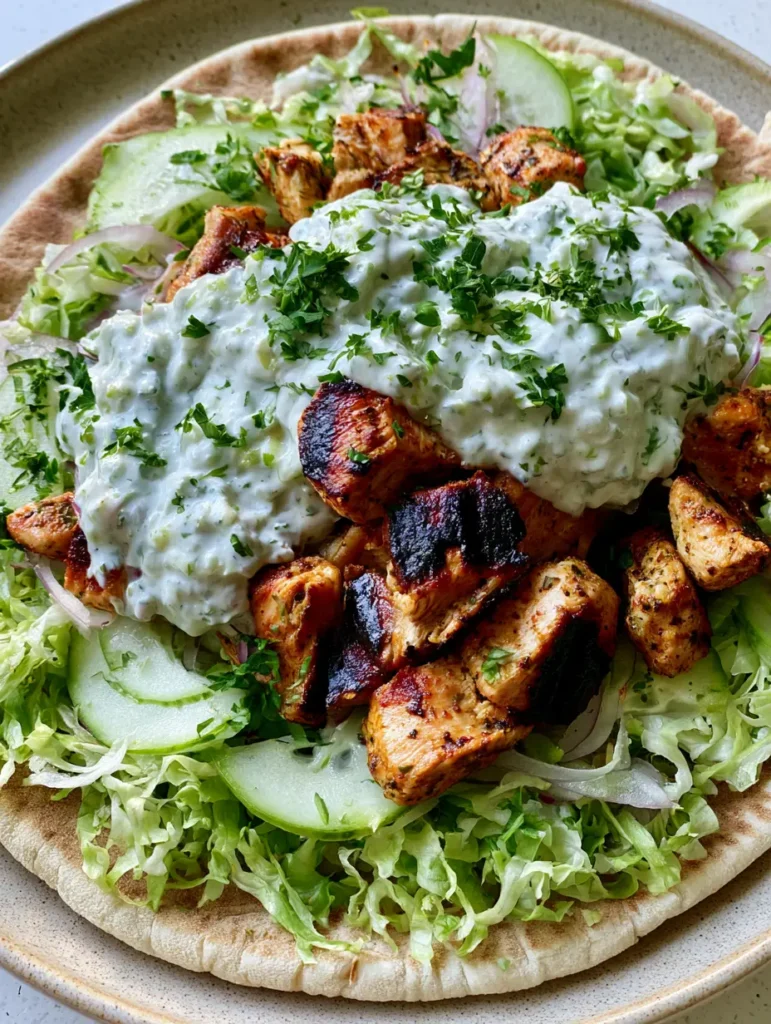 Top-down view of a Greek Chicken Gyro with charred chicken breast, crescent cucumbers, and red onion slivers. (Greek Chicken Gyros)