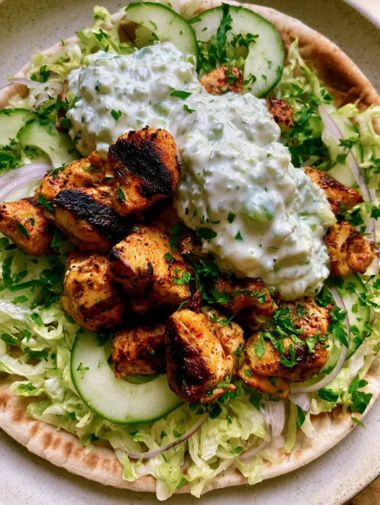Detailed shot of thick creamy tzatziki sauce dolloped over seasoned Greek Chicken Gyros.
