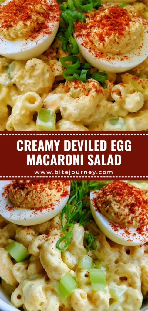 Deviled Egg Macaroni Salad: The Creamiest Southern Crowd-Pleaser 4 A vertical shot of deviled egg macaroni salad in a white bowl with three egg halves on top, dusted with red paprika.