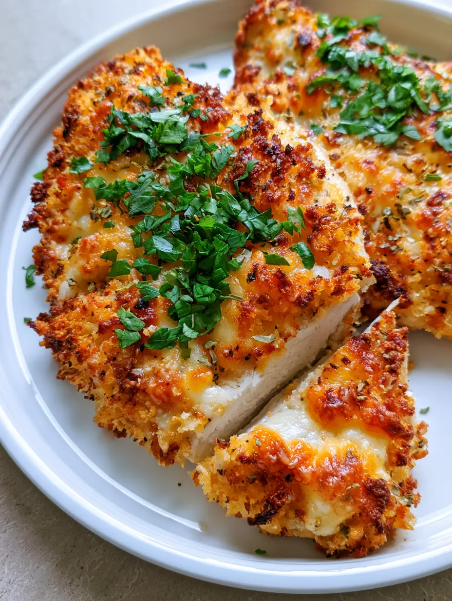 Handheld smartphone photo of a perfectly baked Parmesan Crusted Chicken breast with toasted panko and melted cheese.