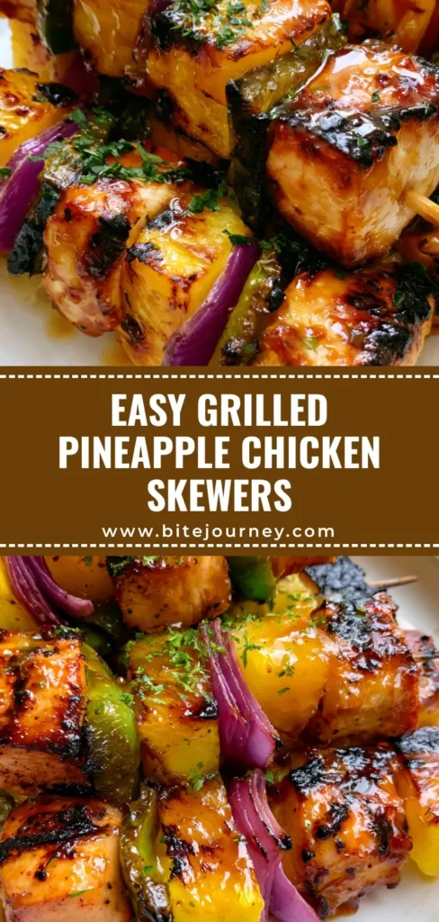 Pineapple Chicken Kabobs with a Glossy Amber Glaze 4 Three wooden Pineapple Chicken Kabobs piled horizontally on a white plate with charred chicken, caramelized pineapple, and blistered green peppers. (Pineapple Chicken Kabobs)