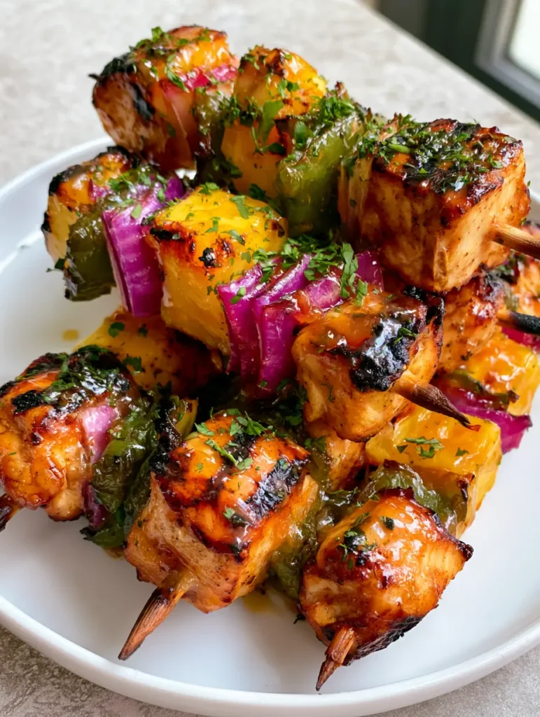 Close up handheld photo of Pineapple Chicken Kabobs showing dark grill marks and glossy glaze. (Pineapple Chicken Kabobs)