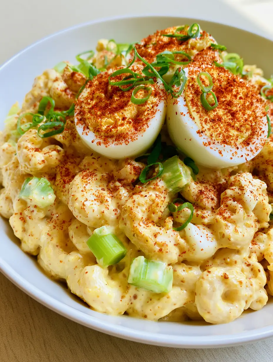 Close up of deviled egg macaroni salad showing the creamy yellow dressing, green celery bits, and chive garnish.