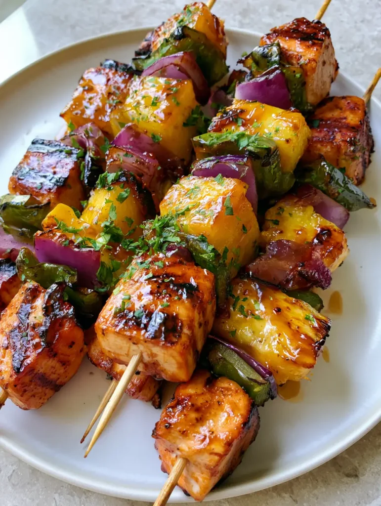 Pineapple Chicken Kabobs with a Glossy Amber Glaze 1 A smartphone photo of finished Pineapple Chicken Kabobs on a grey stone surface with fresh parsley garnish.