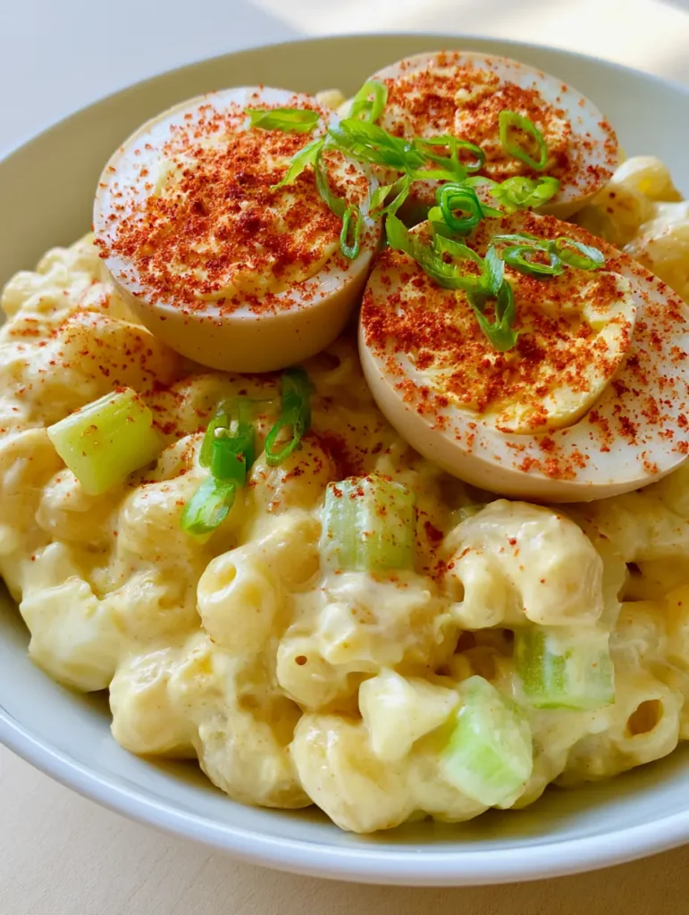 Deviled Egg Macaroni Salad: The Creamiest Southern Crowd-Pleaser 1 A handheld photo of the completed deviled egg macaroni salad on a wooden table in natural daylight.