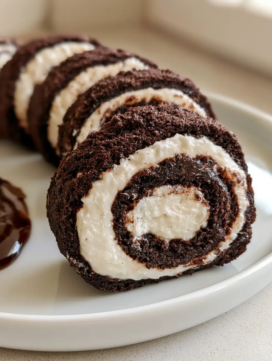 Close-up of Oreo Sushi Rolls showing the perfect spiral of dark chocolate and white cream. (Oreo Sushi Rolls)