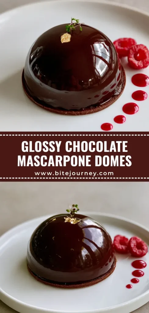 A professional Chocolate Mascarpone Dome Dessert with a glossy dark chocolate shell, gold leaf, and raspberry accents on a white plate.