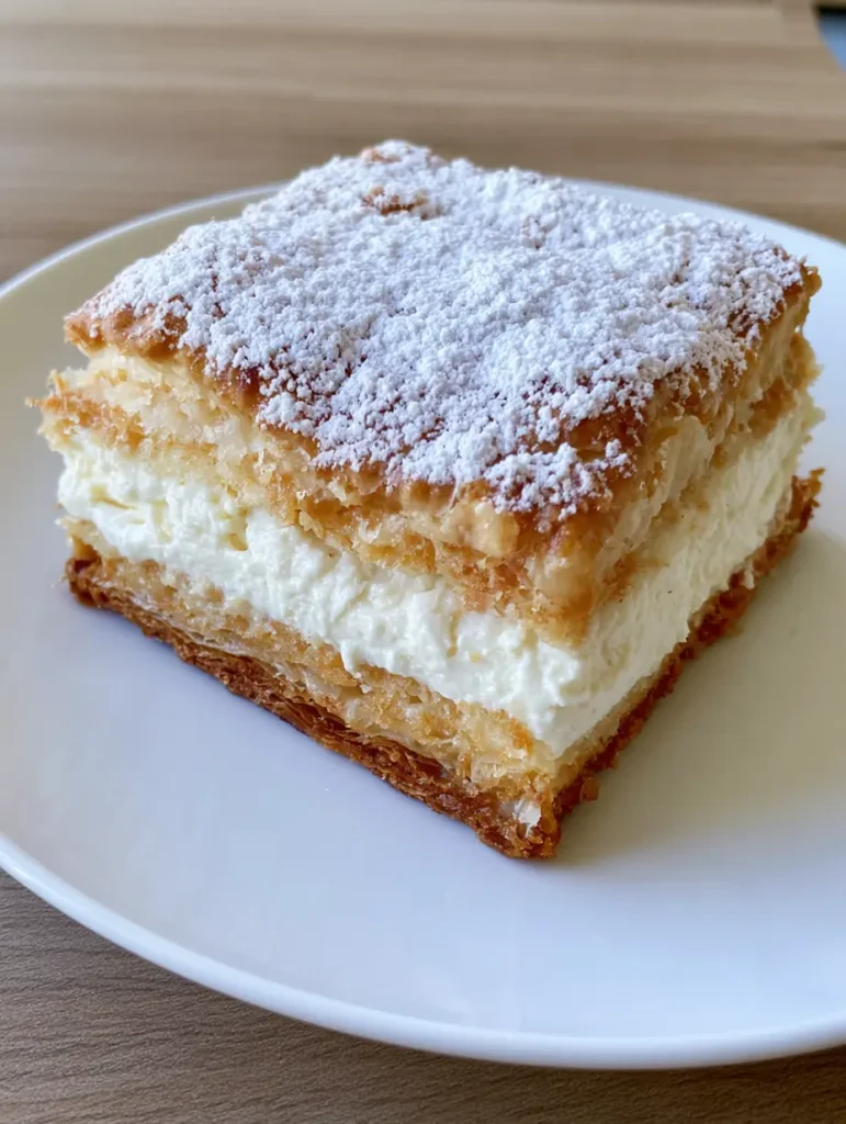 Ricotta Cannoli Squares served on a wooden surface, showing the heavy dusting of fine white powdered sugar.