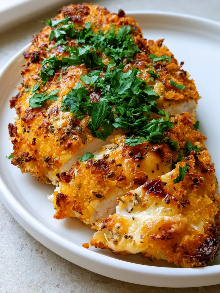 Slices of Parmesan Crusted Chicken on a white ceramic plate showing the moist interior and thick breading.