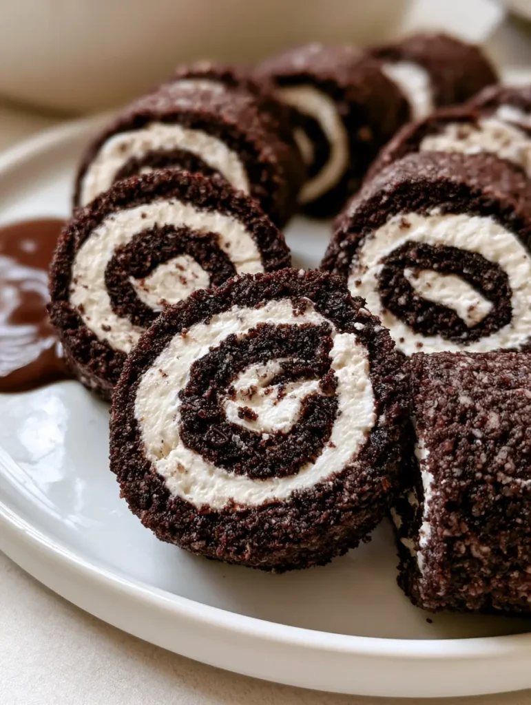 Maki-style Oreo Sushi Rolls served on a minimalist white ceramic plate with liquid chocolate ganache.