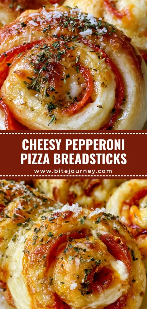 Pepperoni Pizza Roll Breadsticks: The Ultimate Pull-Apart Party Snack 3 A stack of golden-brown Pepperoni Pizza Roll Breadsticks on parchment paper, showing layers of pepperoni and melted mozzarella cheese with a garlic butter glaze.