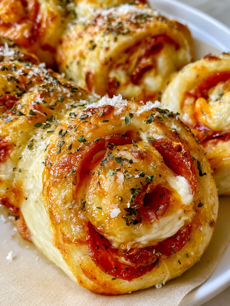 Pepperoni Pizza Roll Breadsticks: The Ultimate Pull-Apart Party Snack 4 Close-up of Pepperoni Pizza Roll Breadsticks with visible swirls of pepperoni, cheese, and dried oregano flakes over a soft yeast dough.