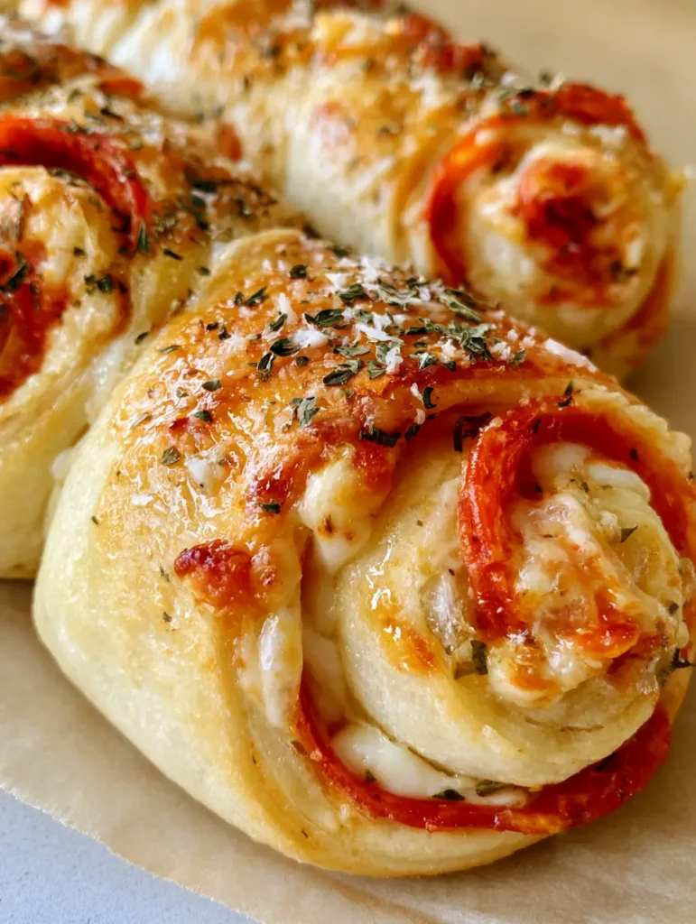Pepperoni Pizza Roll Breadsticks: The Ultimate Pull-Apart Party Snack 1 Pepperoni Pizza Roll Breadsticks freshly baked on parchment paper with a shimmering garlic butter glaze and grated parmesan cheese.