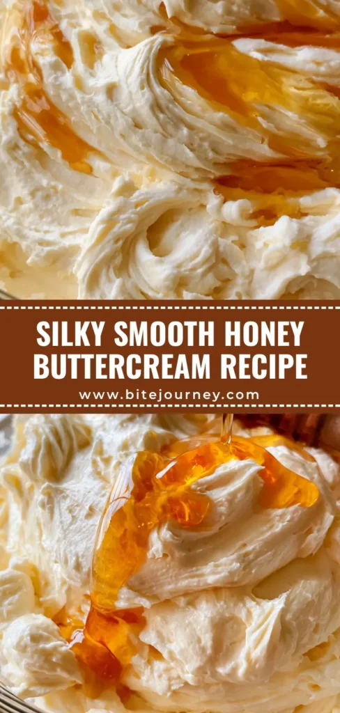 A tall Pinterest pin showing whipped Honey Buttercream Frosting with pale cream peaks and a golden liquid honey drizzle in a glass bowl.