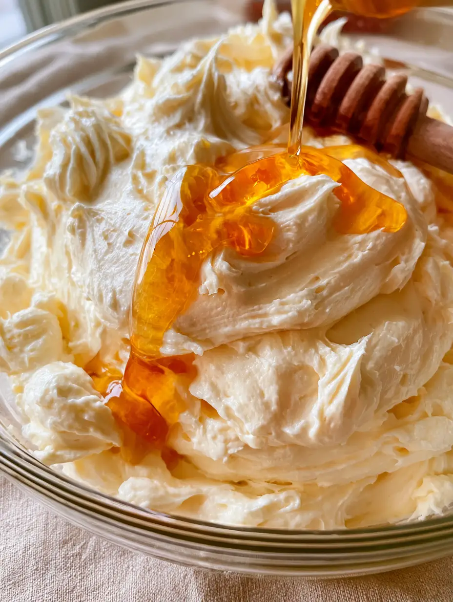 Close-up of Honey Buttercream Frosting in a glass mixing bowl featuring silky peaks and smooth swirls.
