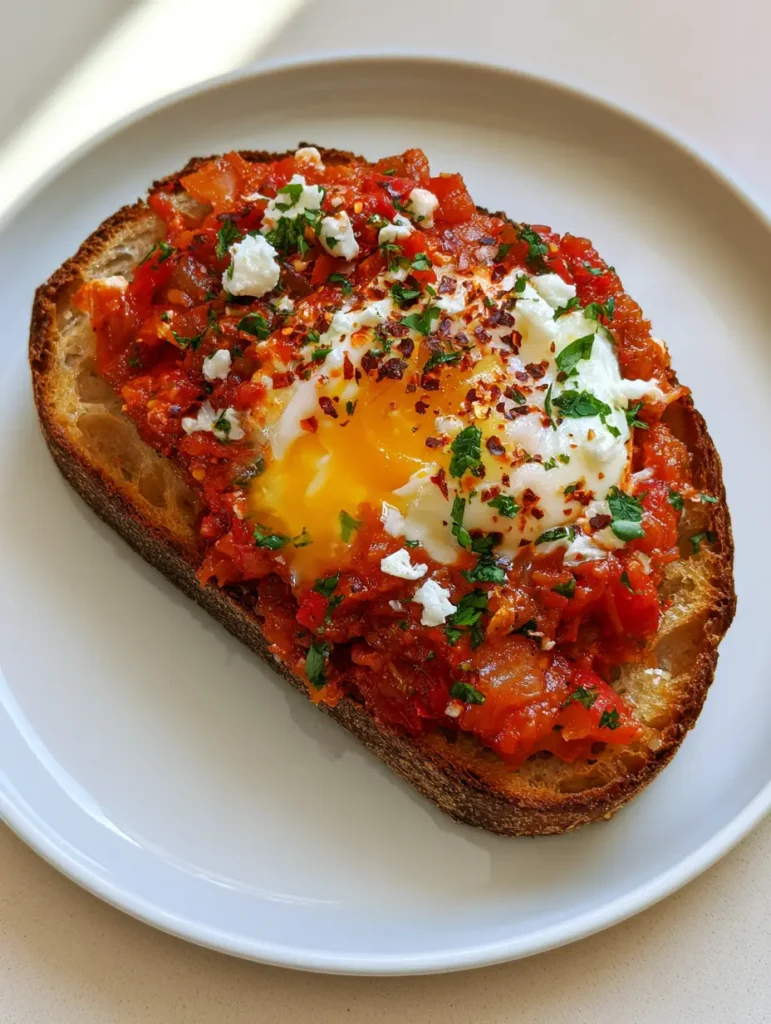 High-angle smartphone photo of Shakshouka Toast with thick tomato sauce and parsley.