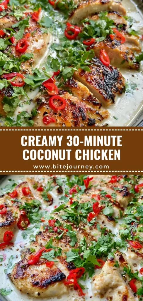A black cast iron skillet filled with sliced seared chicken in a thick white coconut sauce with red chilies and cilantro. (Creamy Coconut Chicken Recipe)