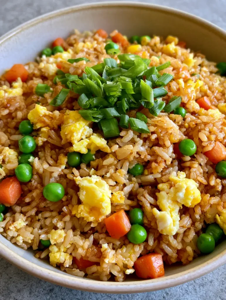 Egg Fried Rice Recipe: The Ultimate Guide to Restaurant-Quality Grains 1 Top-down view of Egg Fried Rice Recipe with vibrant green scallion garnish and orange carrot cubes.