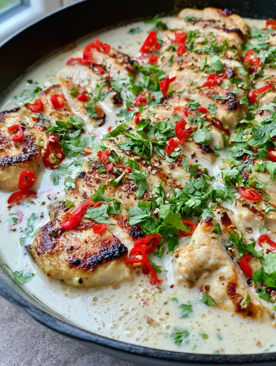 Close-up of seared chicken breast with golden charred edges in a bubbling coconut milk sauce. (Creamy Coconut Chicken Recipe)