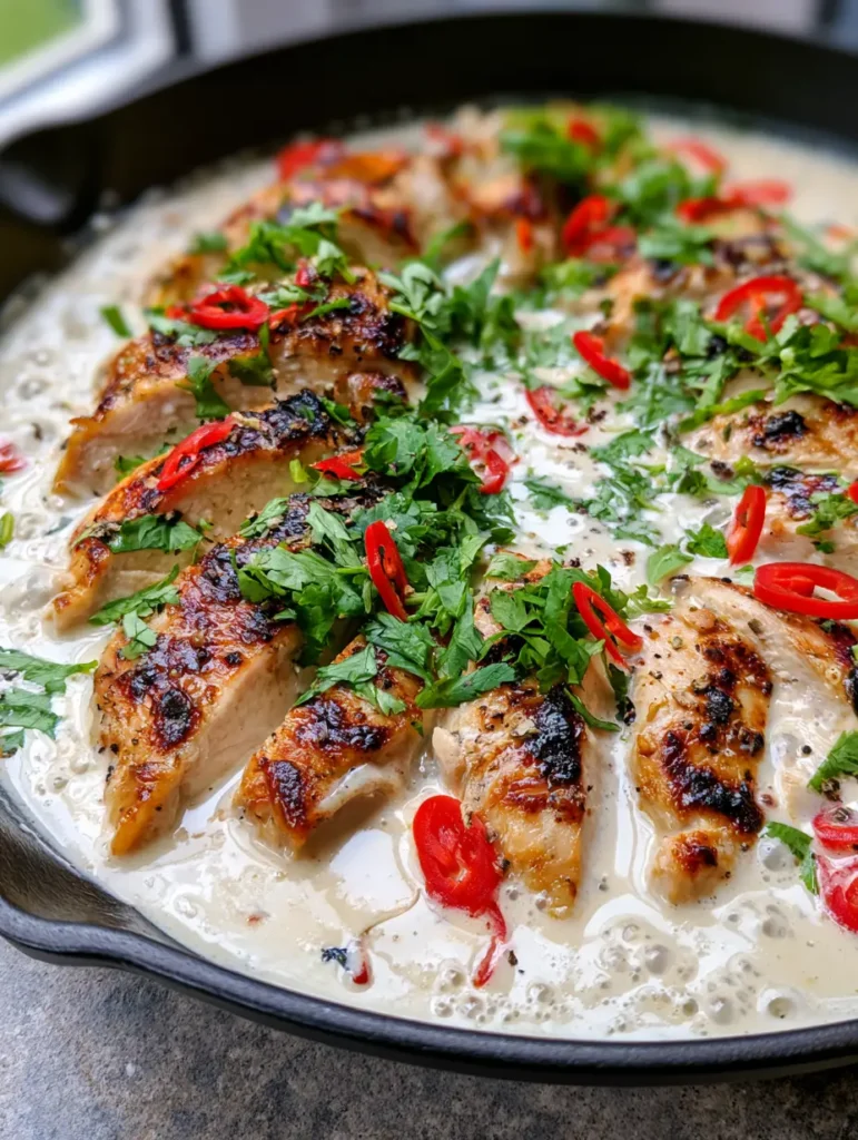 Cast iron skillet on a grey stone countertop featuring creamy chicken topped with red chilies and fresh cilantro.