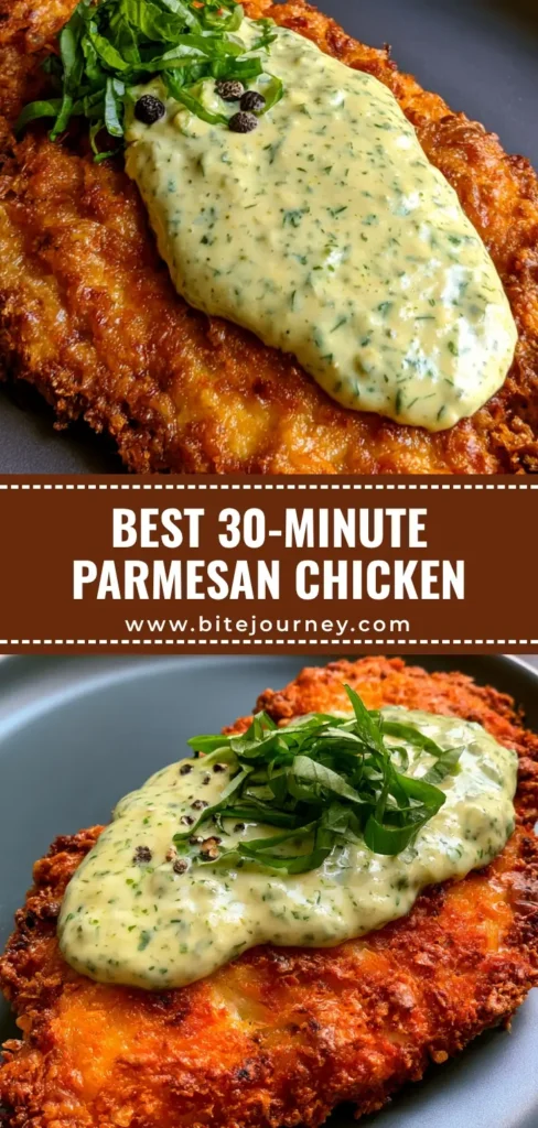 A close-up of Parmesan Crusted Chicken with a thick golden-brown breading, topped with creamy basil aioli and basil ribbons on a gray plate.