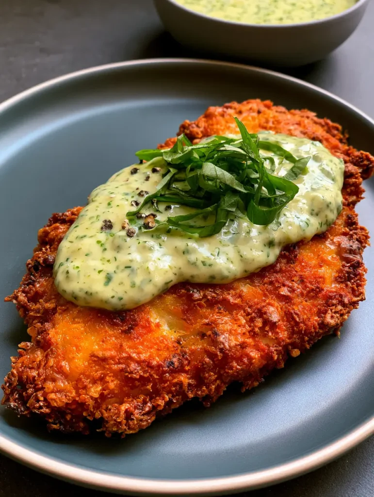 Smartphone photo of crispy parmesan-crusted chicken with jagged crunchy edges and herb-flecked aioli on a matte gray plate.
