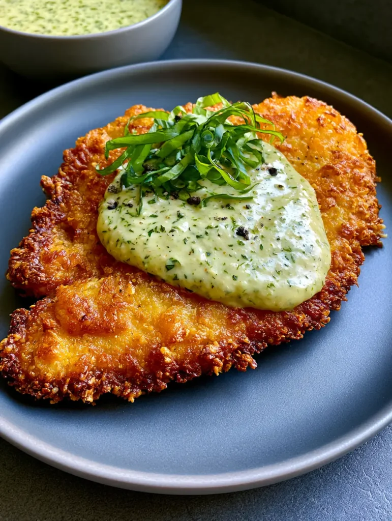 Top-down view of Parmesan Crusted Chicken garnished with fresh green basil ribbons and coarse black pepper grains.