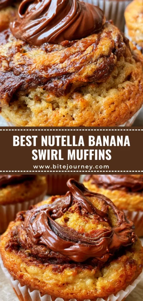 Nutella Banana Swirl Muffins: The Ultimate Bakery-Style Recipe 4 A close-up vertical shot of Nutella Banana Swirl Muffins in white paper liners with a glossy chocolate hazelnut marble top on a stone counter.
