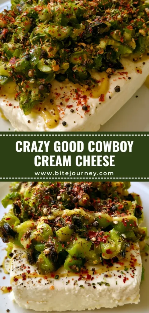 A smartphone photo of Roasted Jalapeño Cowboy Cream Cheese showing a cream cheese block topped with charred green jalapeños and a mustard drizzle.
