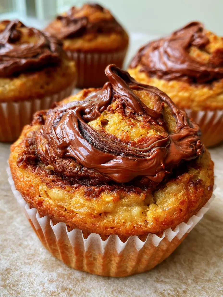Nutella Banana Swirl Muffins: The Ultimate Bakery-Style Recipe 3 Detailed close-up of a moist Nutella Banana Swirl Muffin showing the golden-brown base and deep brown Nutella marbling.