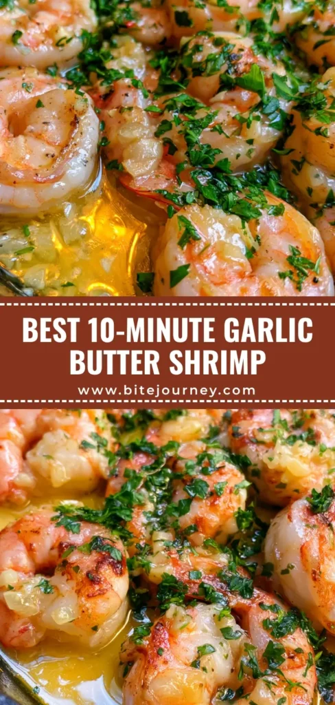 Plump pink seared Garlic Butter Shrimp in a cast iron skillet with heavy parsley garnish and golden sauce.