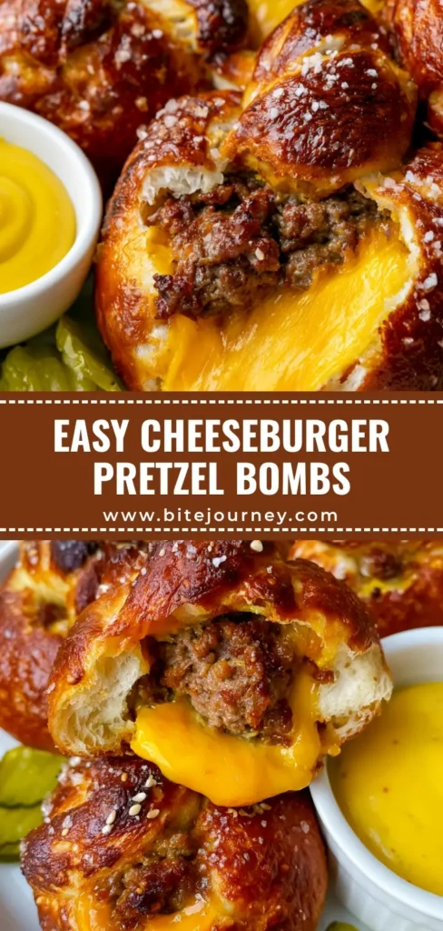 A stack of golden-brown cheeseburger pretzel bombs torn open to show melted yellow cheddar and ground beef crumbles.