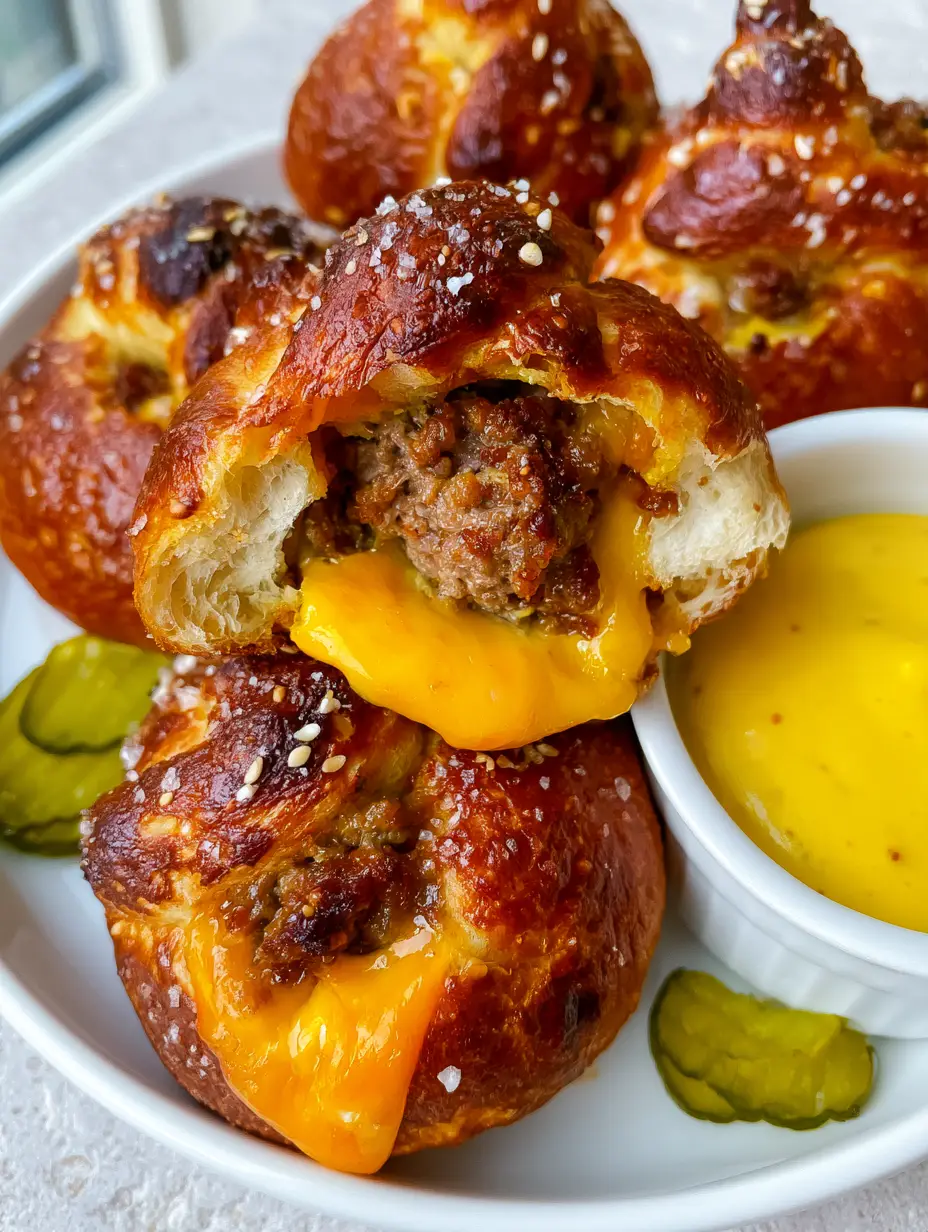 Close-up handheld photo of a glossy lye-dipped cheeseburger pretzel bomb with sesame seeds and sea salt.