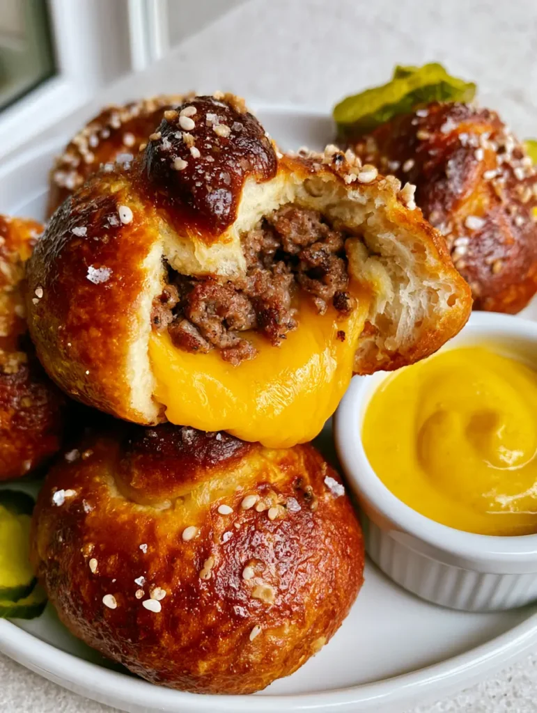 Inside look at a cheeseburger pretzel bomb showing airy dough, seasoned beef, and gooey melted yellow cheddar.