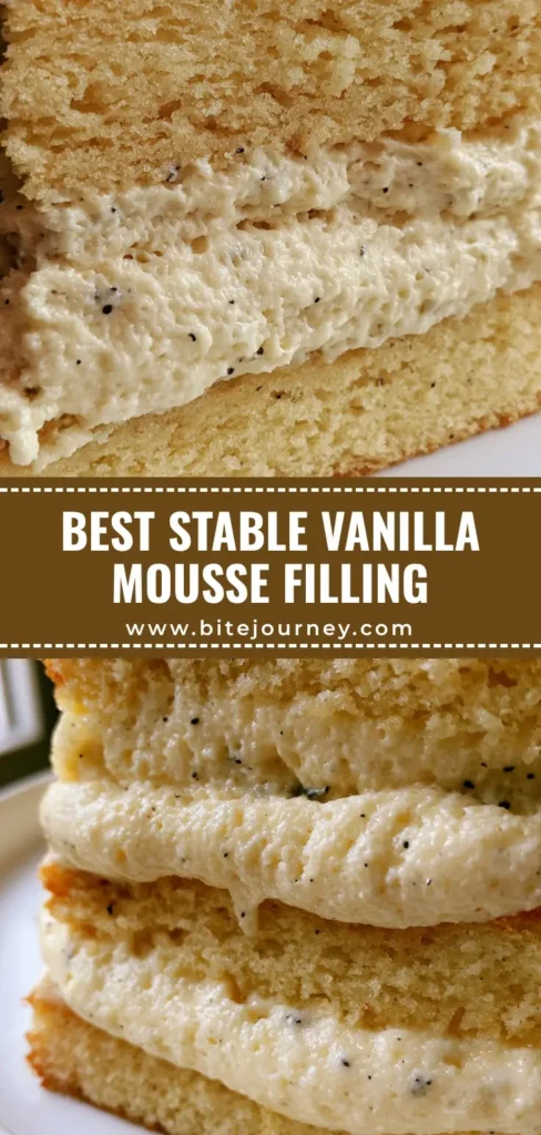 Vanilla Mousse Cake Filling: The Ultimate Professional Recipe for Stable Layers 4 A tall slice of vanilla layer cake with thick, ivory Vanilla Mousse Cake Filling and visible vanilla bean flecks on a white plate.