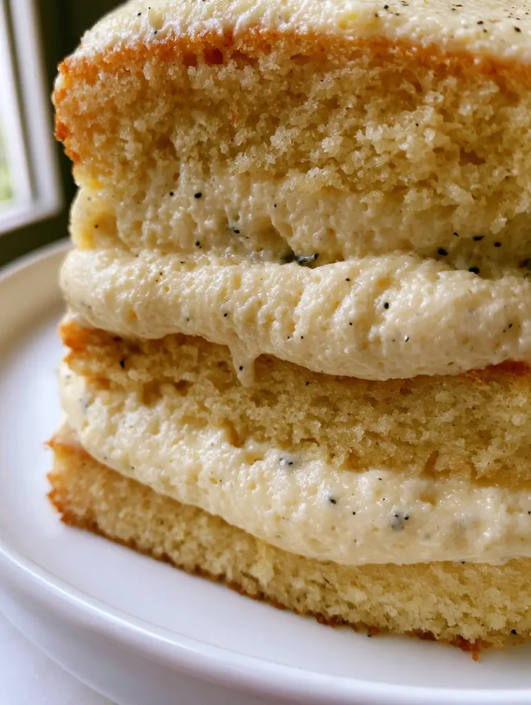 Vanilla Mousse Cake Filling: The Ultimate Professional Recipe for Stable Layers 2 Close-up of Vanilla Mousse Cake Filling showing aerated texture and black vanilla bean flecks between golden sponge layers.