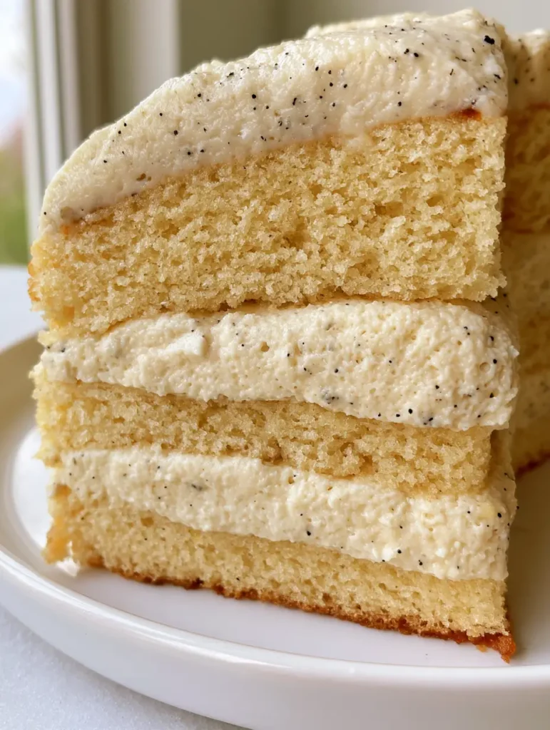 Vanilla Mousse Cake Filling: The Ultimate Professional Recipe for Stable Layers 1 Side view of a sliced cake featuring pale ivory Vanilla Mousse Cake Filling on a minimalist white ceramic plate.