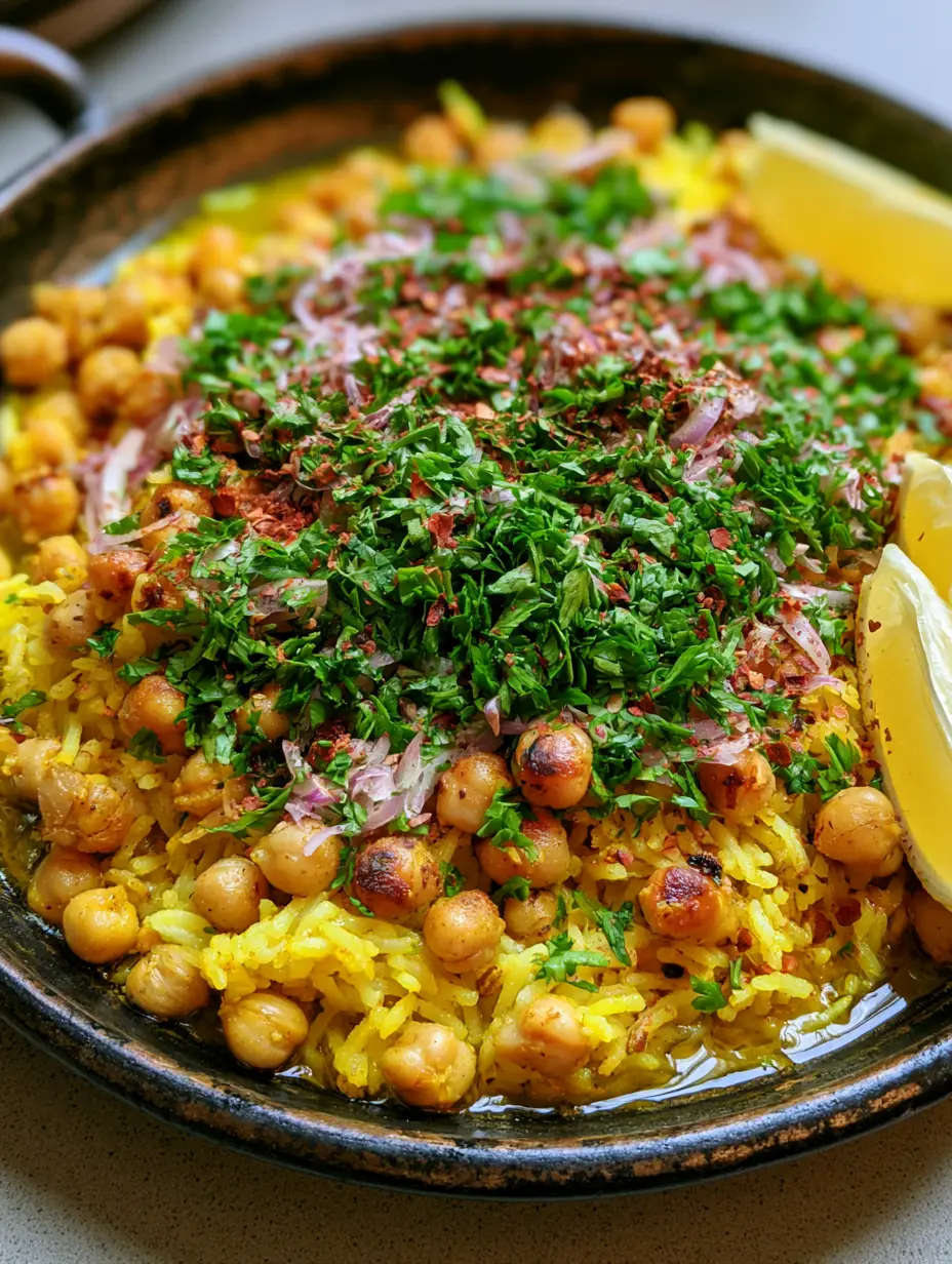 Close-up handheld shot of golden Mediterranean Rice and Beans with charred chickpeas and red onion slivers. (Mediterranean Rice and Beans)